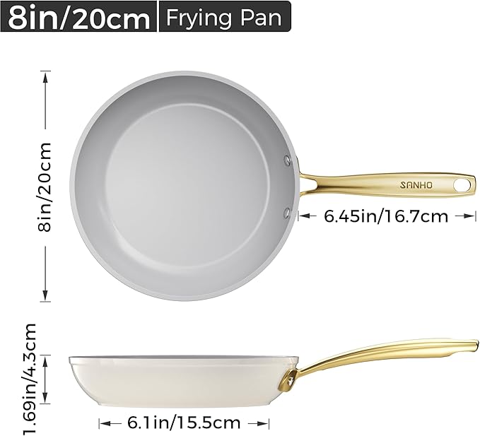 Sanho 8 Inch Nonstick Frying Pan, Diamond-Titanium Ceramic Coating PFAS/PFOA Free, Oven & Dishwasher Safe Skillet, Induction Compatible with Cool Touch PVD Handle