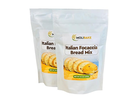 Molibake Italian Focaccia Bread Mix – Pack of 2 – Premium Artisan Italian Bread Mix for Bread Machine and Oven – 15 oz – All-Natural Gourmet Mediterranean Blend with Bell Pepper, Tomato, Onion, Garlic & Herbs – Easy Homemade Baking