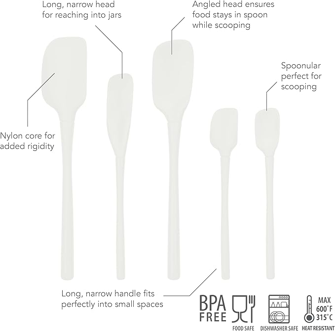 Tovolo Flex Core 5 Piece Silicone Spatula Set Heat Resistant All Silicone Utensils Include Non Stick Spatula Spoonula Jar Scraper, Dishwasher Safe BPA Free Spatulas for Baking Mixing, White