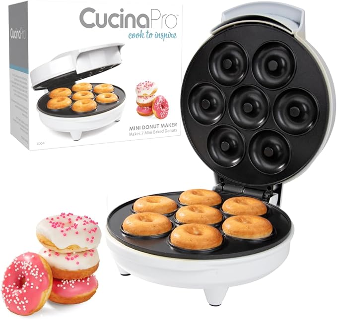 Mini Donut Maker- Electric NonStick Surface Makes 7 Small Doughnuts- Decorate Frost Ice Your Own for Kid Friendly Baked Dessert Treat- Cooking Activity for Adults, Easy Bake Gift, Galentine Brunch Fun