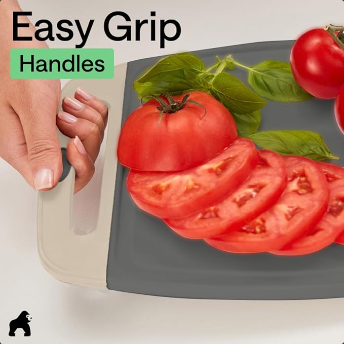GORILLA GRIP BPA-Free Reversible Kitchen Cutting Board Set of 3, US Designed, Nonporous, Juice Grooves Catch Liquid, Slip Resistant Border, Dishwasher Safe, Durable Food Chopping Boards, Gray Almond