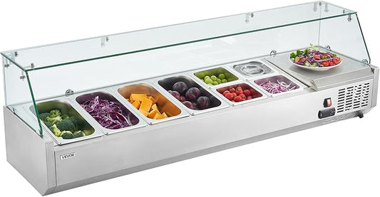 VEVOR Refrigerated Condiment Prep Station, 130 W Countertop Refrigerated Condiment Station, with Four 1/3 Pans & Four 1/6 Pans, 304 Stainless Body and PC Lid, Sandwich Prep Table with Glass Guard