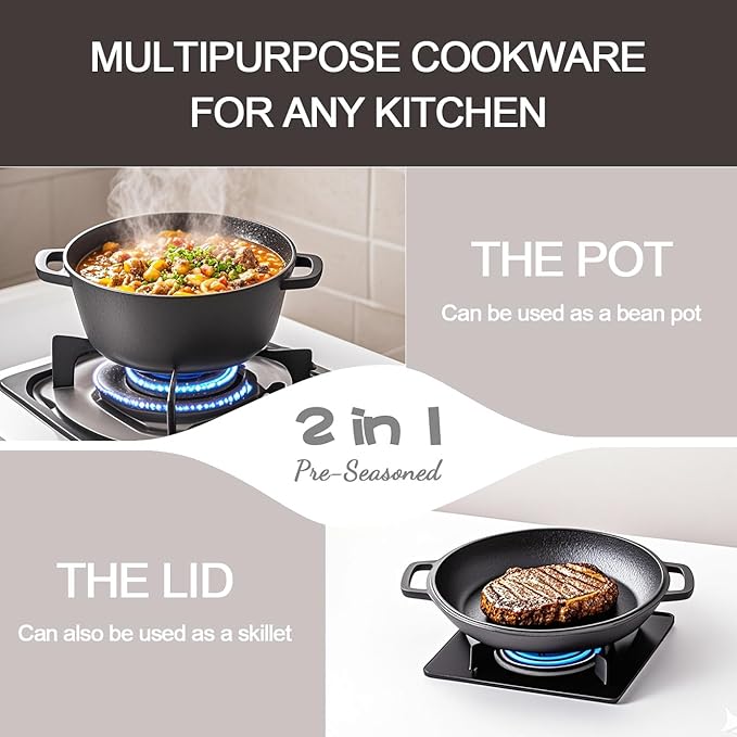 Cast Iron Pot with Lid, 10 Inch Dutch Oven Pot with Lid & Skillet Lid, 2-in-1 Pot & Pan Set for Bread Baking, Camping, Frying & Outdoor Cooking