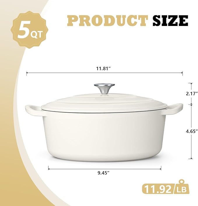 P&P CHEF Oval Dutch Oven with Lid, Enameled Cast Dutch Oven Pot for Bread Baking, Braising, Stewing, Roasting, Non-Stick & Oven Safe, Dual Handles & Easy Clean, 5QT & White, Valentine's Day