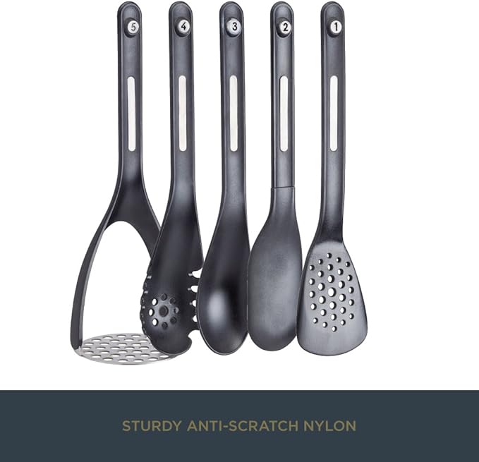 KitchenCraft MasterClass Smart Space Nesting Magnetic Kitchen Utensil Set, Silicone, Black, 9 x 9 x 30 cm, Pack of 5