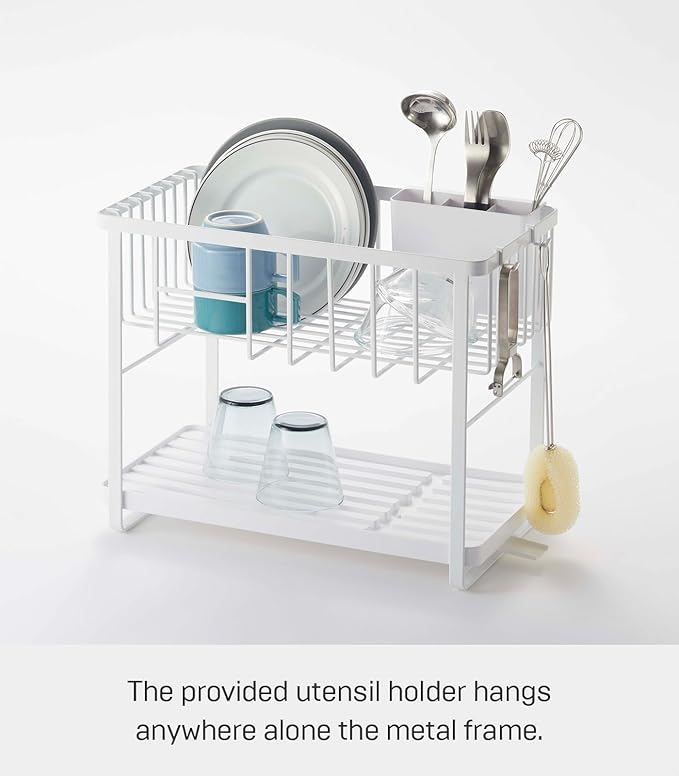 YAMAZAKI Home Tower Two-Tier Adjustable Dish Drainer Rack, Compact Drying Rack with Hooks, Utensils Holder - Steel -