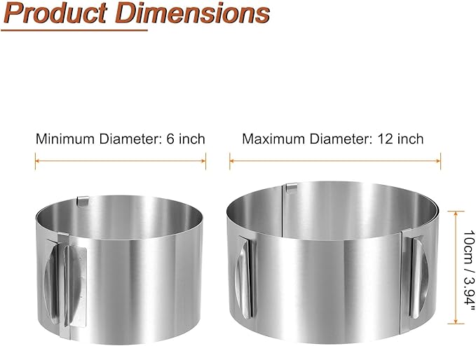 HARFINGTON 6" to 12" Cake Ring 10cm High Adjustable Round Cake Ring Stainless Steel Mousse Baking Moulds Bakeware Supplies for Baking Cooking Making Tool