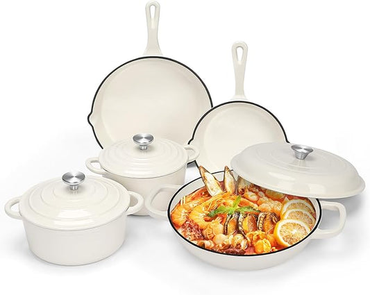 Nonstick Enameled Cast Iron Cookware Set - 8 Piece Pots and Pans with Lid, Frying Pan, Skillet, Dutch Oven Set for All Stovetops, Ideal for Sourdough Bread Baking, Comes with Organizer, Cream White
