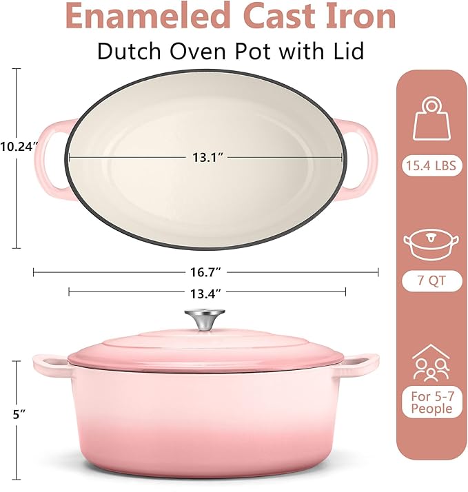 TeamFar 7QT Oval Dutch Oven, Enameled Cast Iron Dutch Oven Pot with Lid, For Bread Baking/Stewing/Braising/Frying, Suitable for Various Stoves, Non-stick & Easy Clean, Pink