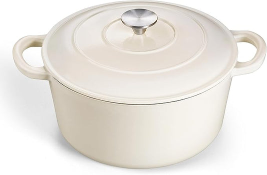 TeamFar 3qt Dutch Oven, Small Enameled Cast Iron Dutch Oven Pot with Lid, For Bread Baking/Stewing/Braising/Frying, Various Stoves & Oven Safe, Non-stick & Easy Clean, White
