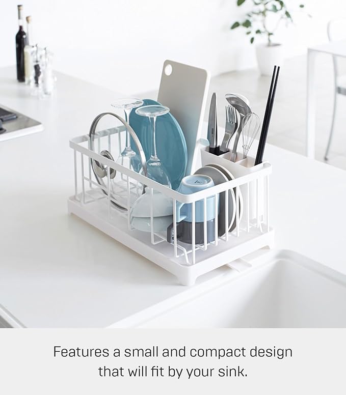 YAMAZAKI Home Tower Wire Dish Drainer Rack with Removable Drainer Tray with Drainage Spout, Utensils Holder - Steel -