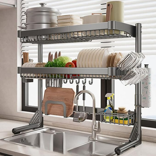 Adjustable Dish Drying Rack Over Sink (21-33") 3 Tier, Large Capacity Kitchen Counter Dish Drying Rack Stainless Steel Drainer for Kitchen Storage Organization