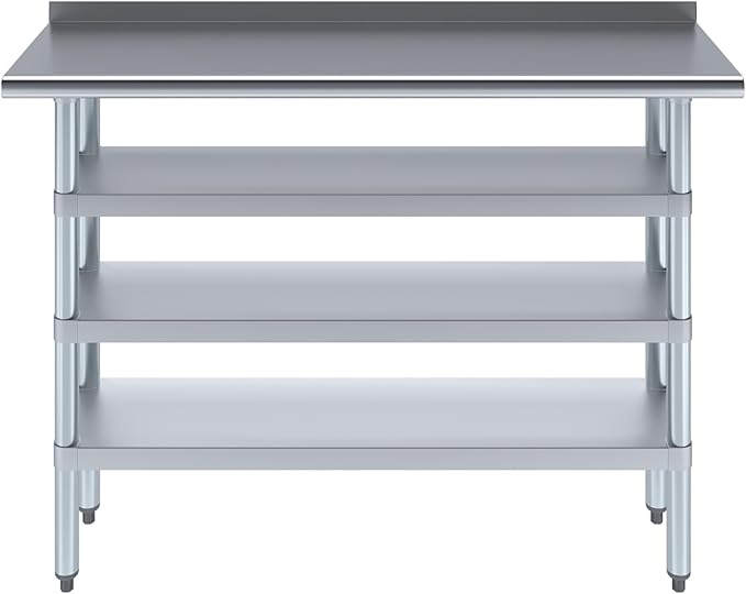 AmGood Stainless Steel Work Table with 1.5" Backsplash and 3 Shelves | Metal Kitchen Food Prep Table | NSF (48" Long x 14" Deep)