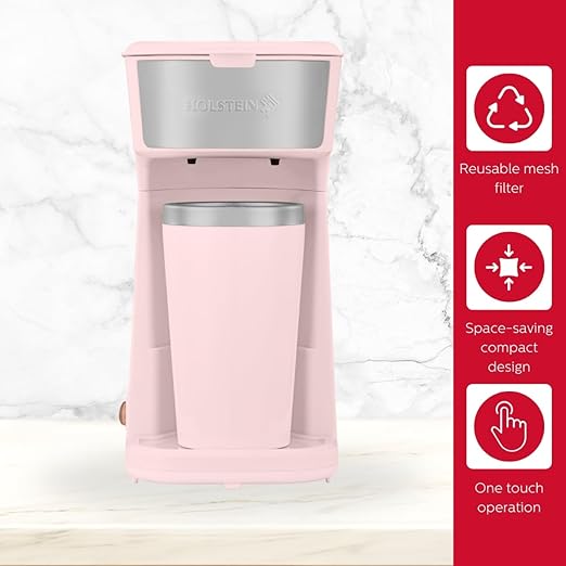 Holstein Housewares Personal Coffee Maker with 14oz Travel Mug – Compact One-Touch Brew Machine with Reusable Filter, Auto Shut-Off, Non-Stick Plate, Ideal for Home, Office, or Dorm. Pink