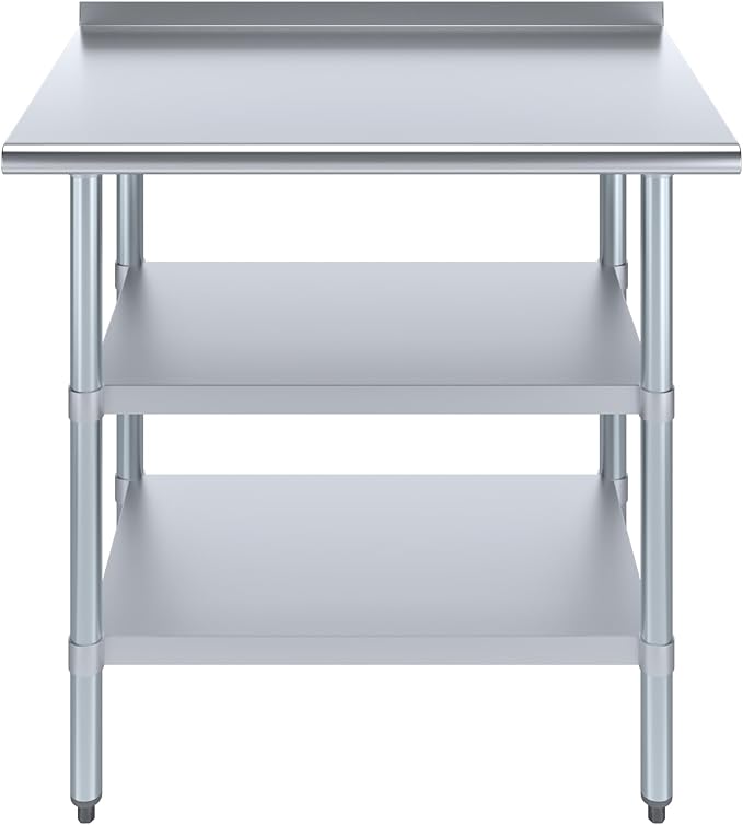 AmGood Stainless Steel Work Table with 1.5" Backsplash and 2 Shelves | Metal Kitchen Food Prep Table | NSF (36" Long x 24" Deep)