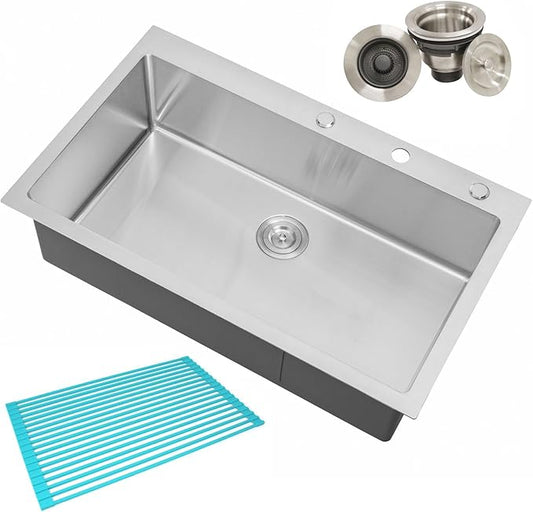 CozyBlock 36 Inches 16-Gauge Stainless Steel Topmount Drop-in Single Bowl Kitchen Sink in Brushed Stainless Steel Finish with Silicon Dishrack and Strainer