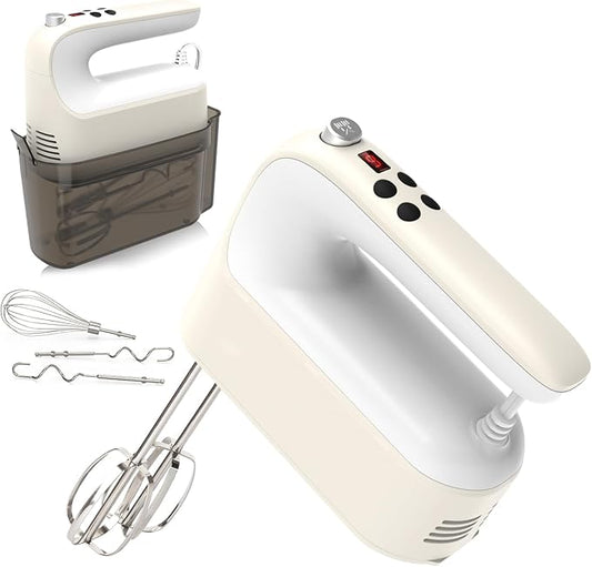 9-Speed Digital Hand Mixer Electric, 400W Powerful DC Motor, Hand Mixer Electric Handheld with Snap-On Storage Case, 5 Stainless Steel Accessories, Beaters, Dough Hooks, Whisk(Cream White)