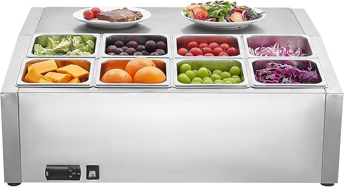 VEVOR Refrigerated Condiment Prep Station, 150 W Countertop Refrigerated Condiment Station, with Eight 1/6 Pans, 304 Stainless Body and PC Lid, Sandwich Prep Table, for Restaurant & Food Stall