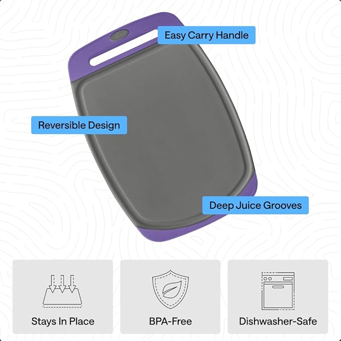 GORILLA GRIP BPA-Free Reversible Kitchen Cutting Board Set of 3, US Designed, Nonporous, Juice Grooves Catch Liquid, Slip Resistant Border, Dishwasher Safe, Durable Food Chopping Boards, Gray Purple