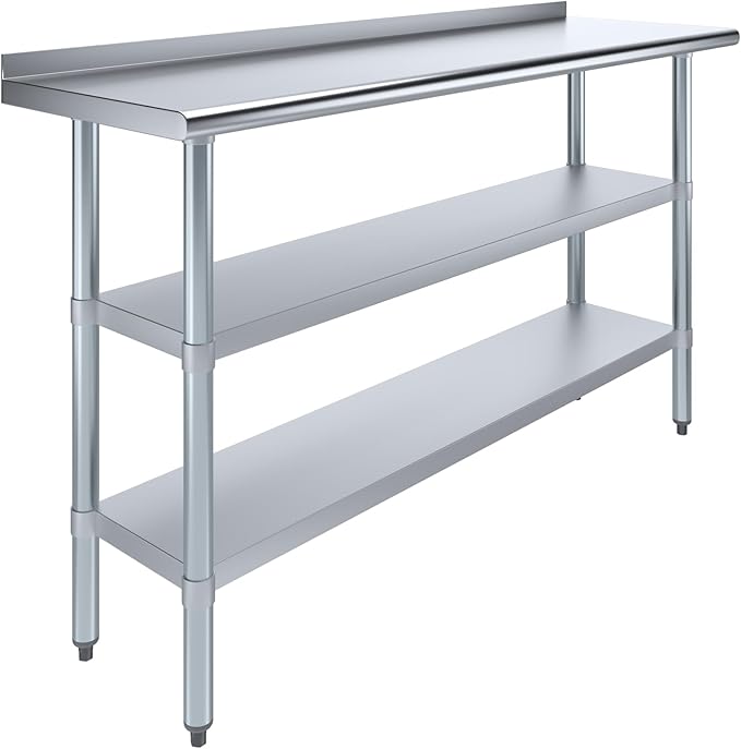 AmGood Stainless Steel Work Table with 1.5" Backsplash and 2 Shelves | Metal Kitchen Food Prep Table | NSF (60" Long x 18" Deep)