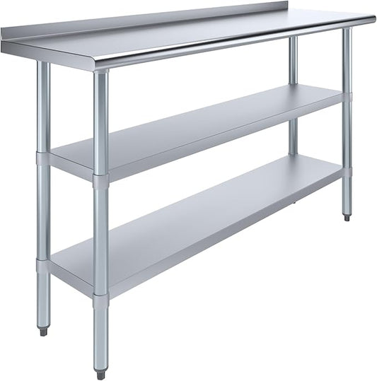 AmGood Stainless Steel Work Table with 1.5" Backsplash and 2 Shelves | Metal Kitchen Food Prep Table | NSF (60" Long x 18" Deep)
