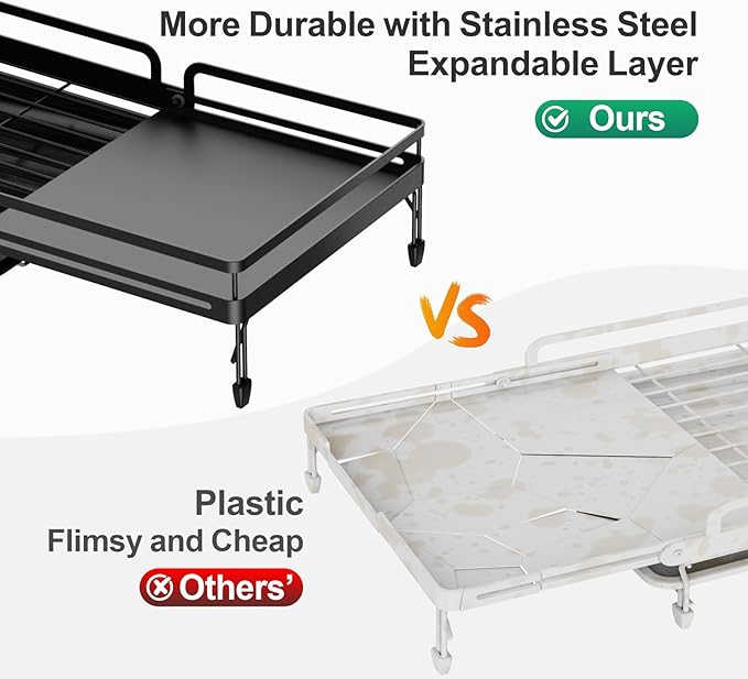 GSlife Large Expandable Dish Drying Rack for Kitchen Counter - Adjustable Dish Drainer with Pans Slots, Rust-Resistant Dish Rack with Utensil Holder and Drainboard, 16.5"-24.4" L x 12.6" W Black