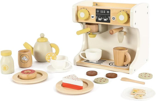 Freniland Wooden Coffee Maker Playset for Toddlers, Deluxe Pretend Espresso Machine with Accessories, Montessori Kitchen Toy for Kids Ages 3Y+