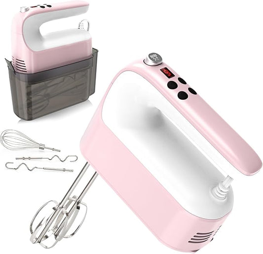 9-Speed Digital Hand Mixer Electric, 400W Powerful DC Motor, Hand Mixer Electric Handheld with Snap-On Storage Case, 5 Stainless Steel Accessories, Beaters, Dough Hooks, Whisk(Pink/White)