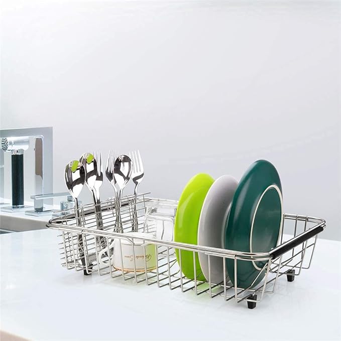 SANNO Expandable Dish Drying Rack,Large Dish Drainer Drainwith 4 Division Utensil Silverware Cutlery Holder, Expandable Dish Rack Shelf Dish Rack in Sink or Over Sink On Counter Stainless Steel