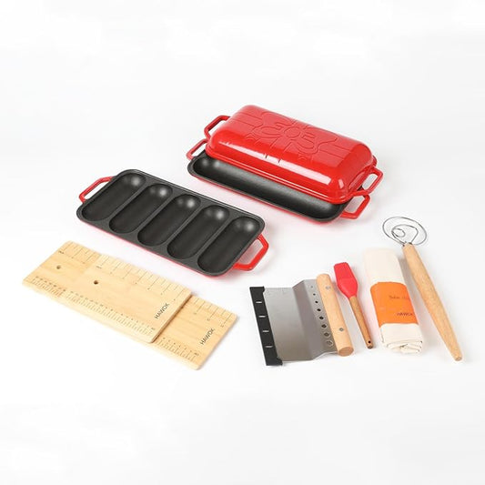 HAWOK Enameled Cast lron Baguette Bread Baker, 3-in-1 Baking Set with Full Baguette Tray, 5-Slot Mini Roll Tray & Reversible Lid Pan, 15 x 6.7 inch, Red
