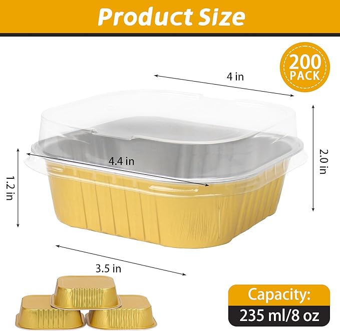 200 Pack 8 oz Gold Mini Aluminum Cake Pans with Lids and Spoons, Disposable Square Baking Cups, Oven Safe Foil Ramekins for Individual Desserts, Cupcakes, Cheesecakes Ramekins Muffin