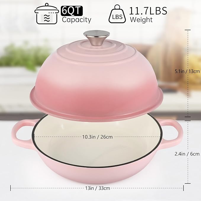Enameled Cast Iron Bread Oven, Dutch Oven Pot with Lid, 10" Bread Dutch Oven for Sourdough Bread Baking, 6 Quarts Bread Pan with Dome Lid, Non-stick Cookware for Homemade Bread, Pink