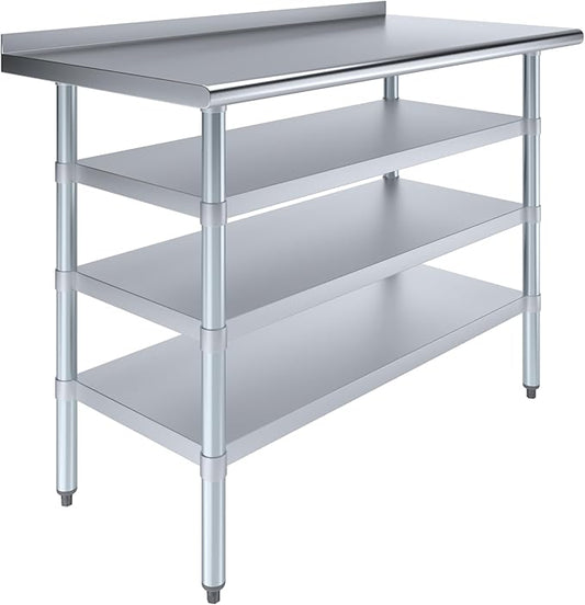 AmGood Stainless Steel Work Table with 1.5" Backsplash and 3 Shelves | Metal Kitchen Food Prep Table | NSF (48" Long x 24" Deep)