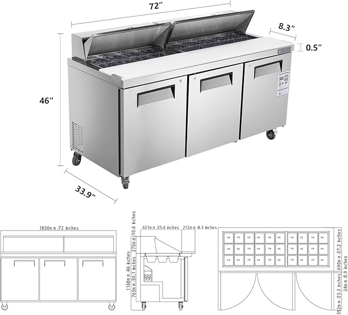 JINSONG 72" Refrigerator Sandwich & Salad Prep Table, Stainless Steel Refrigerated Food Prep Station, 20 cu. ft with Cutting Board and 30 Pans for Restaurants, Bar, Shops, etc