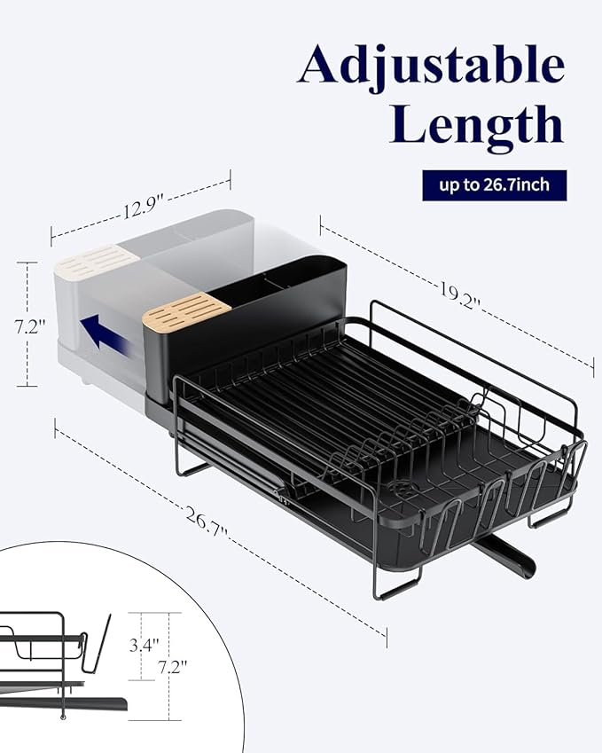 Large Dish Drying Rack-Extendable DishRack, Multifunctional Dish Rack for KitchenCounter, Anti-Rust Dish Drainers with Cutlery &Cup Holders 19.2"-26.7" Lx12.9 W