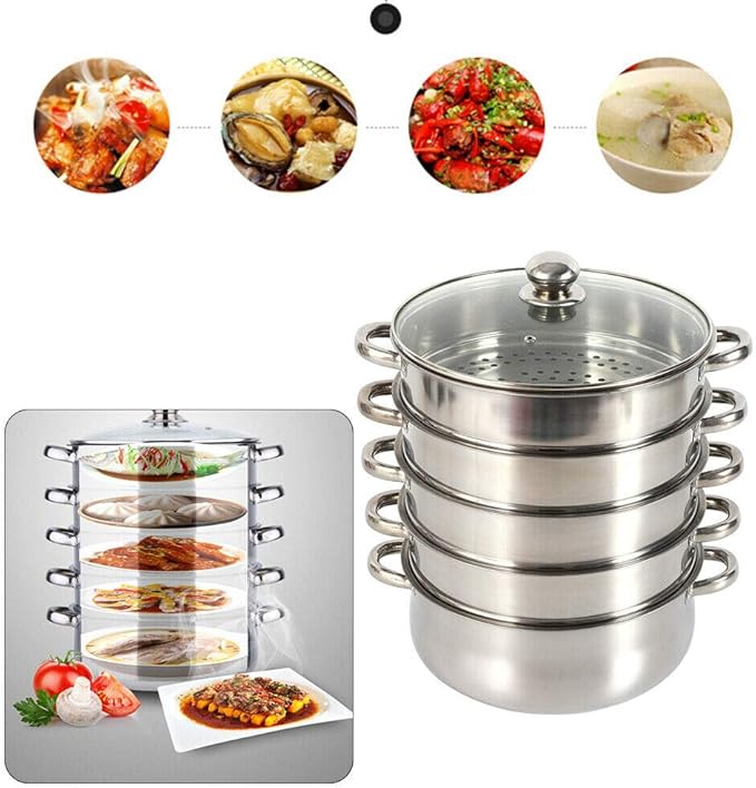 Multipurpose Stock Pot and Steamer Pots 5 Tier Pasta Pots Cooker Pot Kitchen Steaming Cookware with Lid for Cooking Vegetables, Seafood,Soups, Stews (17.71'' H)