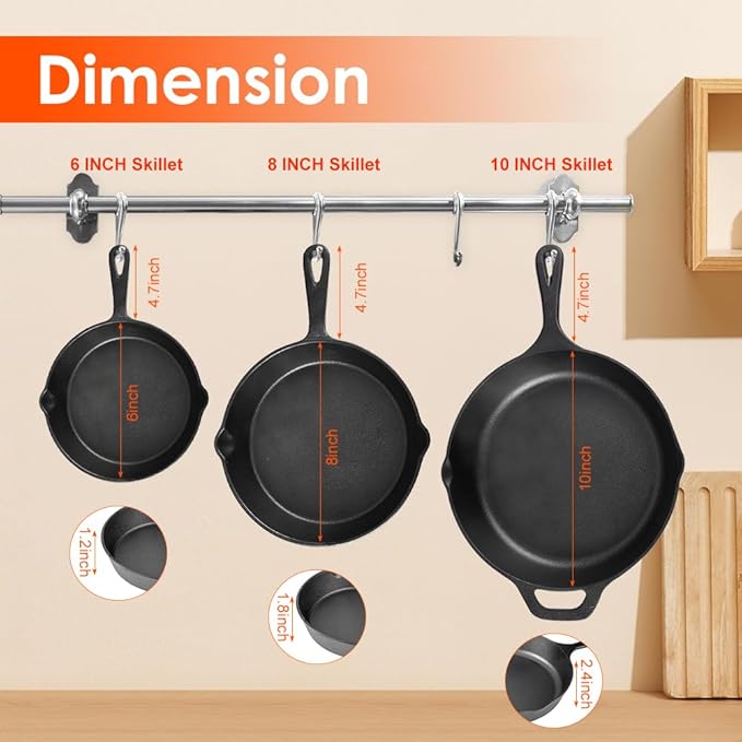 Suteck Cast Iron Skillets 3 piece set | 6", 8" & 10" Pre-Seasoned Cast Iron Pans with 3 Silicone Heat-Resistant Holders - Indoor and Outdoor Use - Oven Grill Stovetop Induction Safe Cookware