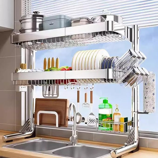 Adjustable Dish Drying Rack Over Sink (21-33") 3 Tier, Large Capacity Kitchen Counter Dish Drying Rack Stainless Steel Drainer for Kitchen Storage Organization