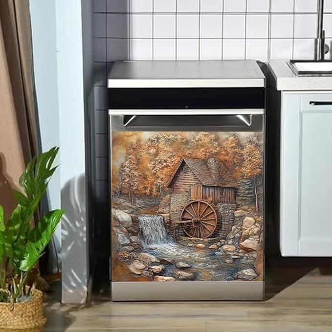 Rustic Water Mill Dishwasher Magnet Cover, Waterfall Scene with Cottage Refrigerator Magnetic Vinyl Sticker for Dishwasher Door, Decorative Kitchen Appliance Panel Decal, 23Wx26H Inches