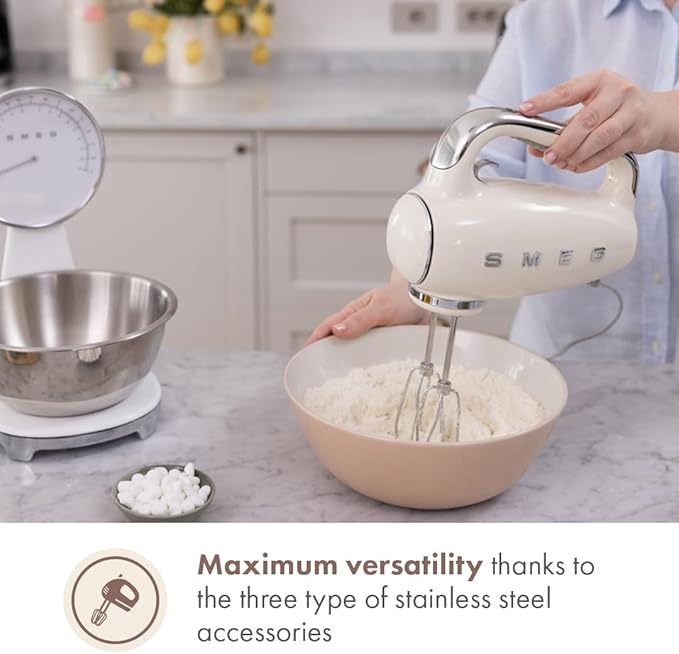 SMEG HMF01 9-Speed Retro Hand Mixer – 220W Motor, Smooth Start, Turbo Function, LED Timer Display, Stainless Steel Whisks, Beaters & Dough Hooks, Premium Die-Cast Aluminum Body