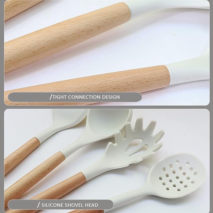 White Silicone Kitchen Cooking Utensils Set, Heat Resistant Silicone Kitchen Gadgets Utensils Set with Wooden Handle,Silicone Spoons Spatula Whisk with Holder for Nonstick Cookware