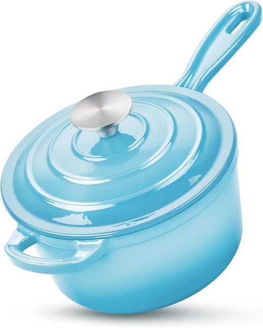 HaSteeL 2 QT Cast Iron Saucepan, Mini Enamel dutch oven with lid, Small Non Stick Pan for Milk, Pasta Tomato Sauce, Butter, Breakfast, Soup, Suitable for Boiling Stewing Frying, Easy to Clean, Blue