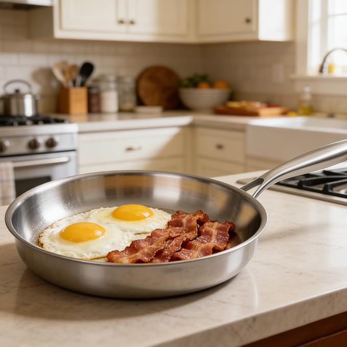 Tri-ply Stainless Steel Frying Pan 12 Inch Large Skillet for Chef's Cooking Pan Induction Oven Dishwasher Safe, Compatible with All Cooktops Up to 600℉ with Kitchen Tongs(Detachable Handle)