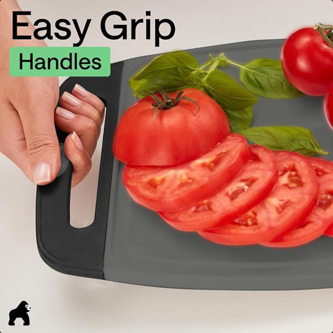 GORILLA GRIP BPA-Free Reversible Kitchen Cutting Board Set of 3, US Designed, Nonporous, Juice Grooves Catch Liquid, Slip Resistant Border, Dishwasher Safe, Durable Food Chopping Boards, Gray Black