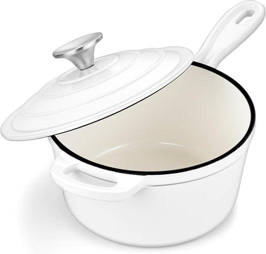 3 Quart Saucepan with Lid, Leonyo Enameled Cast Iron Sauce Pan, Heavy Duty Cast Iron Pot Dutch Oven Kitchen Cookware for All Cooktops Making Pasta, Milk, Egg- Up to 500°F & 8Lbs, White