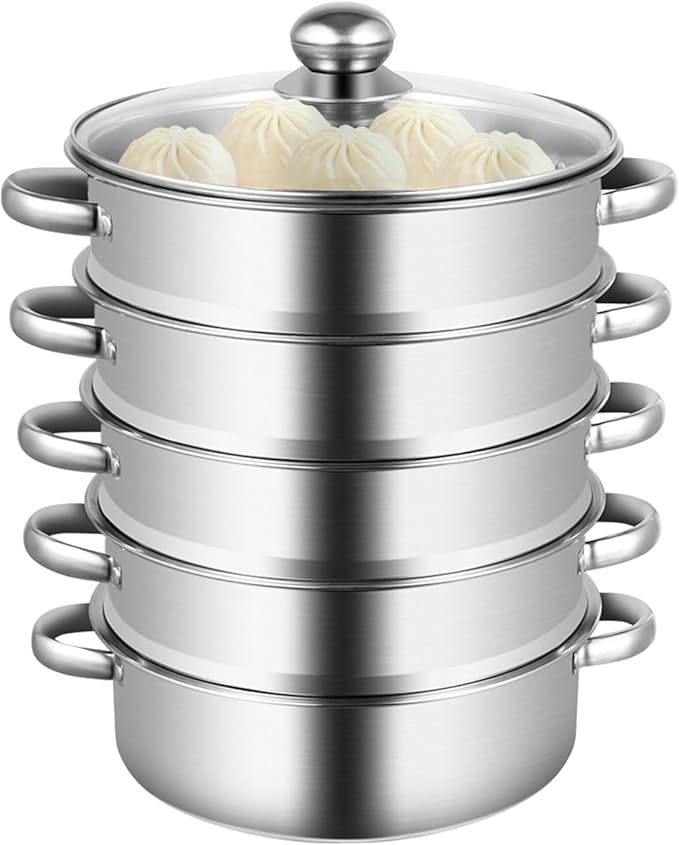 5-Tier Stainless Steel Steamer, 24 Cm/9.44 Inch stainless steamer for cooking overlapping Multi-Functions Domestic Commercial Large Steamer with Transparent Pot Lid & Handles