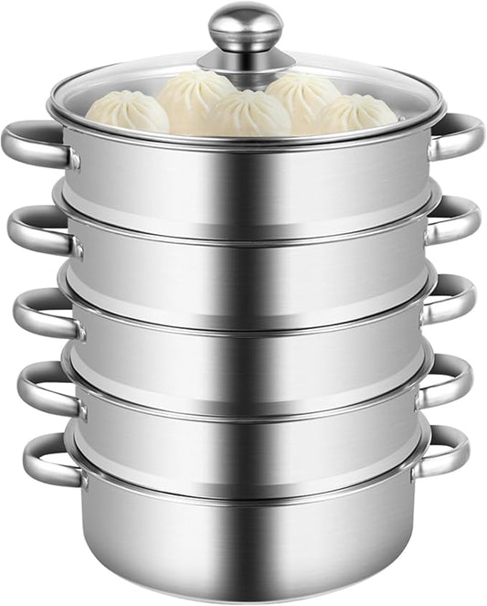 5-Tier Stainless Steel Steamer with Pot, Largest 15KG/33LB Capacity Per Tier, Multi-Purpose Pot for Steam, Boil, Soup & Hot Pot, Visual Glass Lid, Easy Clean, for Stovetop & Kitchen