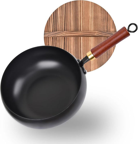 Suntuup Japanese Iron Pan, 9.45 Inch Hand-Forged Uncoated Irons Pan with Wooden Lid, Non-Stick Without Coating, Rust-Free Durable Thick Iron Pot for Gas, Electric Cookers, Induction