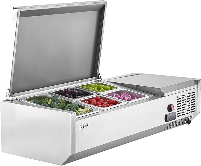 VEVOR Refrigerated Condiment Prep Station, 120 W Countertop Refrigerated Condiment Station, with One 1/3 Pan & Four 1/6 Pans, 304 Stainless Body and PC Lid, Sandwich Prep Table with Stainless Guard