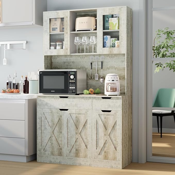 71" Tall Kitchen Pantry Storage Cabinet Large Farmhouse Hutch Cabinet with Microwave Stand, Charging Station, Adjustable Shelves, Countertop for Dining Room, Living Room, Grey